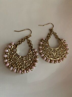 Gold Filigree Hoop Earrings with Pink Beads